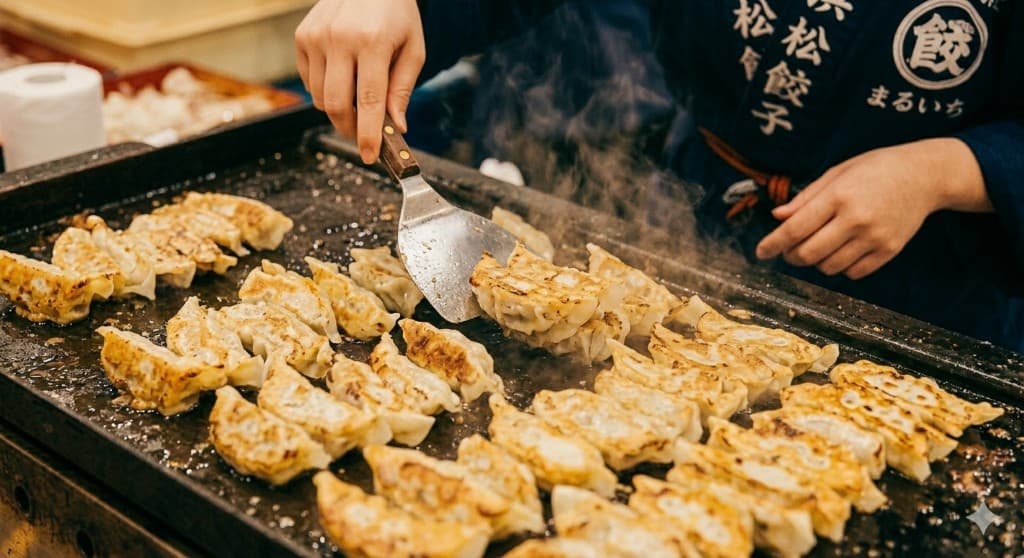 鉄板で焼き上げる浜松餃子の調理風景